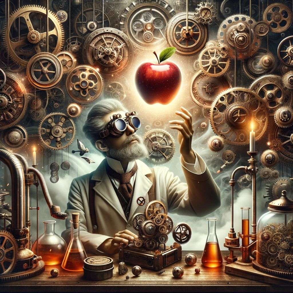 the discovery of gravity, digital art, steampunk